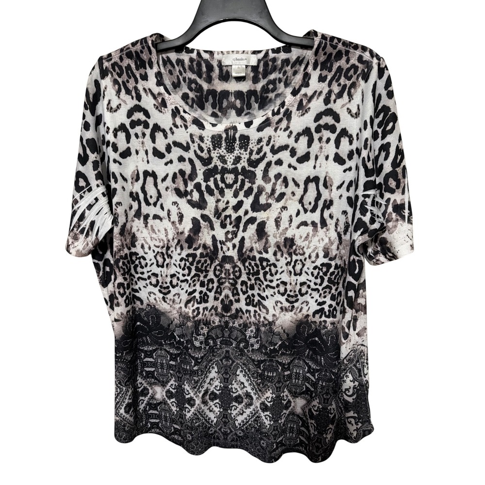 C.J. Banks Women 3X Leopard Animal Print Rhinestone Accent Short Slv Top Black